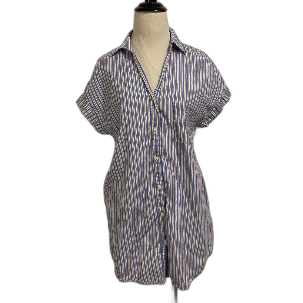 ZARA Women's XS Shirt Dress Light Blue & White Red Pin Strips